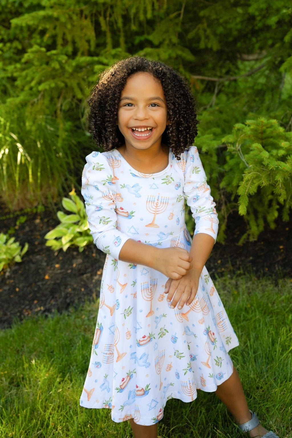 Organic Cotton Happy Hanukkah 3/4 Sleeve Twirl Dress