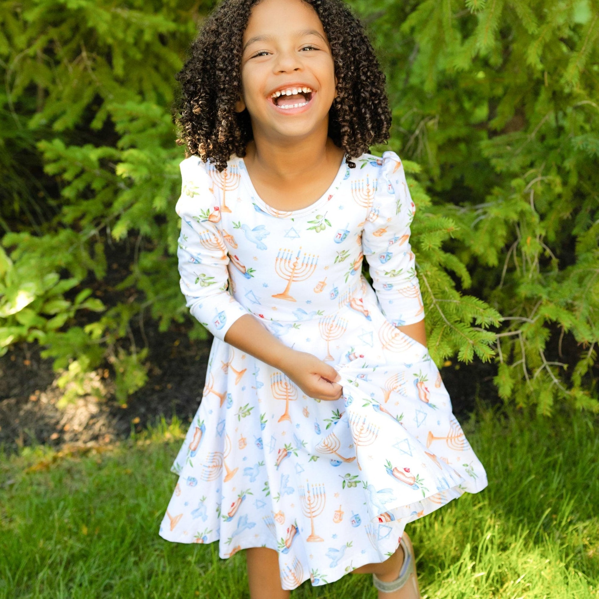 Organic Cotton Happy Hanukkah 3/4 Sleeve Twirl Dress