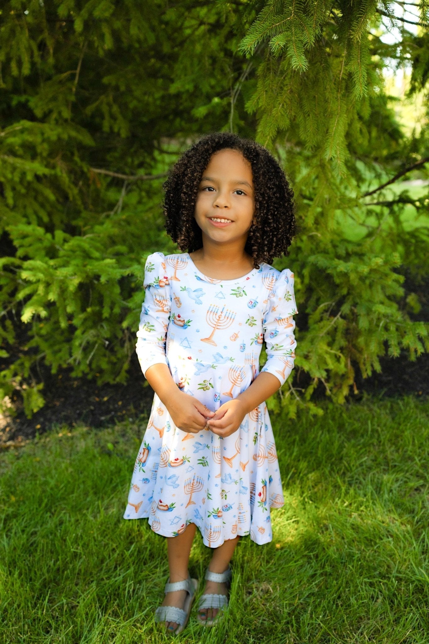 Organic Cotton Happy Hanukkah 3/4 Sleeve Twirl Dress