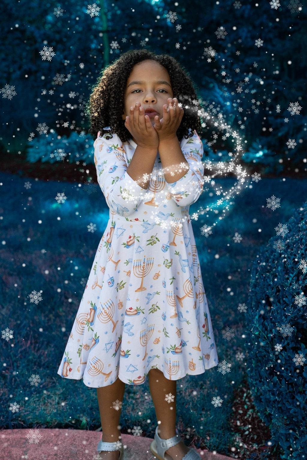 Organic Cotton Happy Hanukkah 3/4 Sleeve Twirl Dress