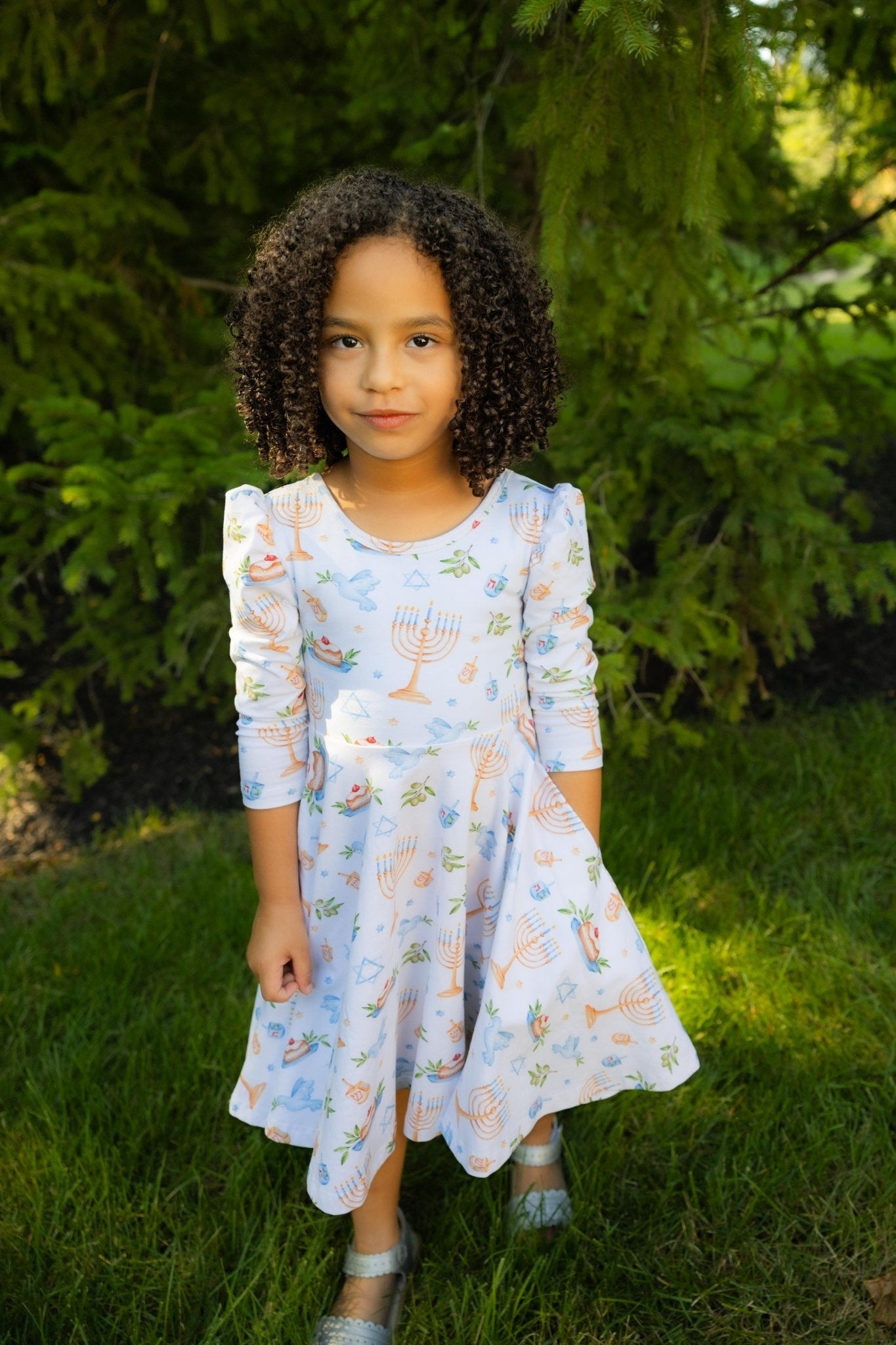 Organic Cotton Happy Hanukkah 3/4 Sleeve Twirl Dress