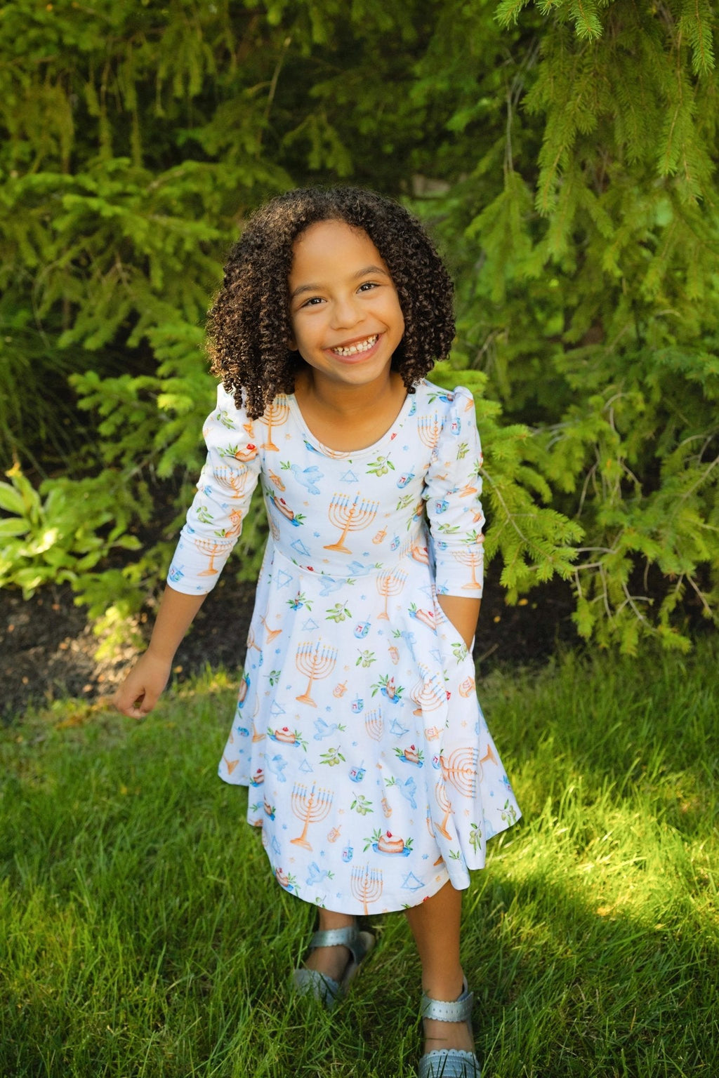 Organic Cotton Happy Hanukkah 3/4 Sleeve Twirl Dress