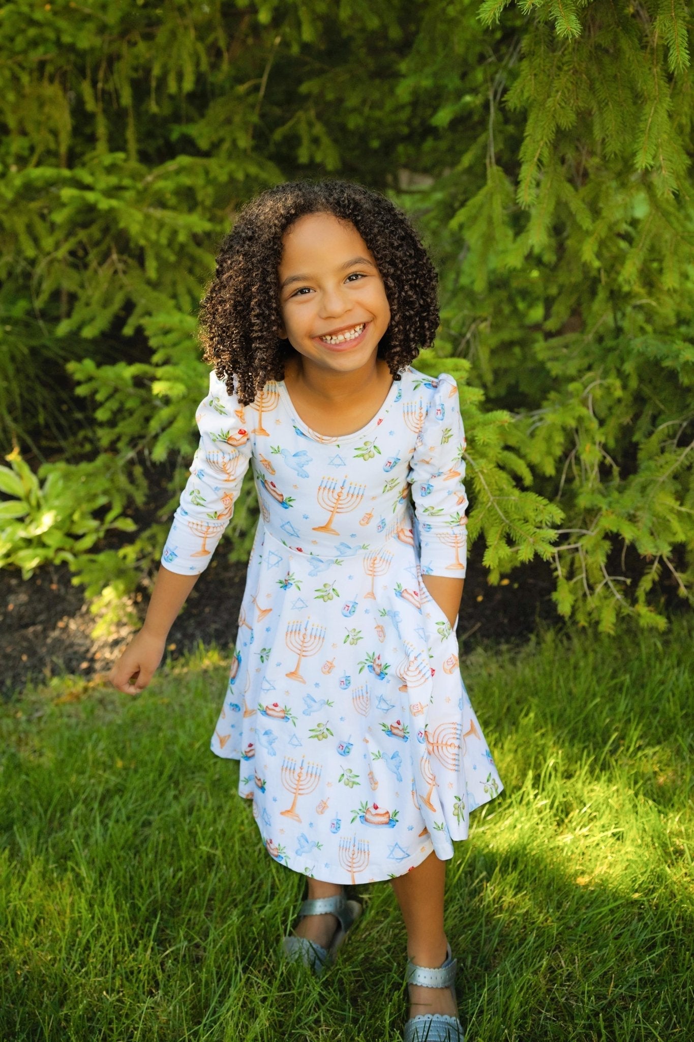 Organic Cotton Happy Hanukkah 3/4 Sleeve Twirl Dress