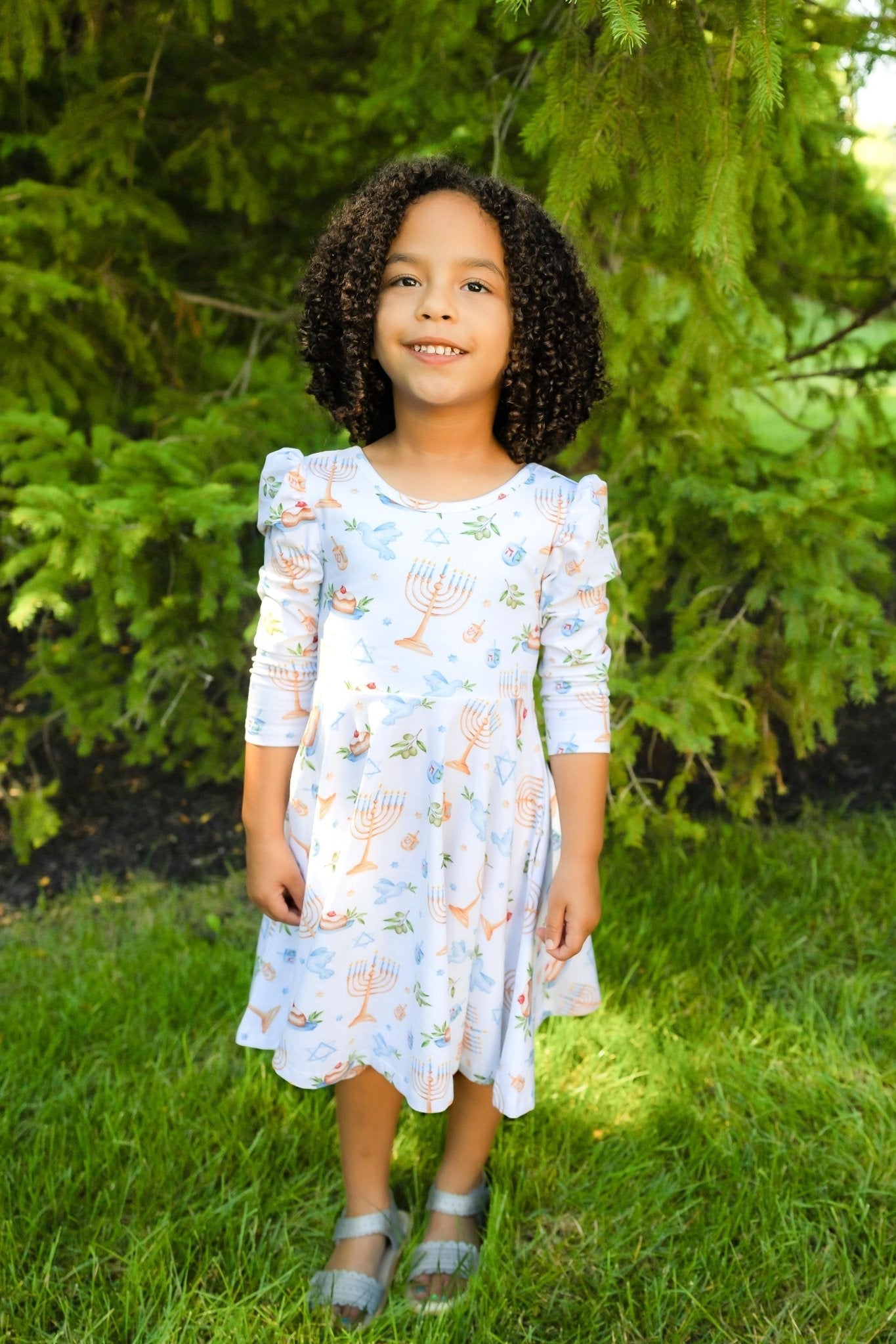 Organic Cotton Happy Hanukkah 3/4 Sleeve Twirl Dress