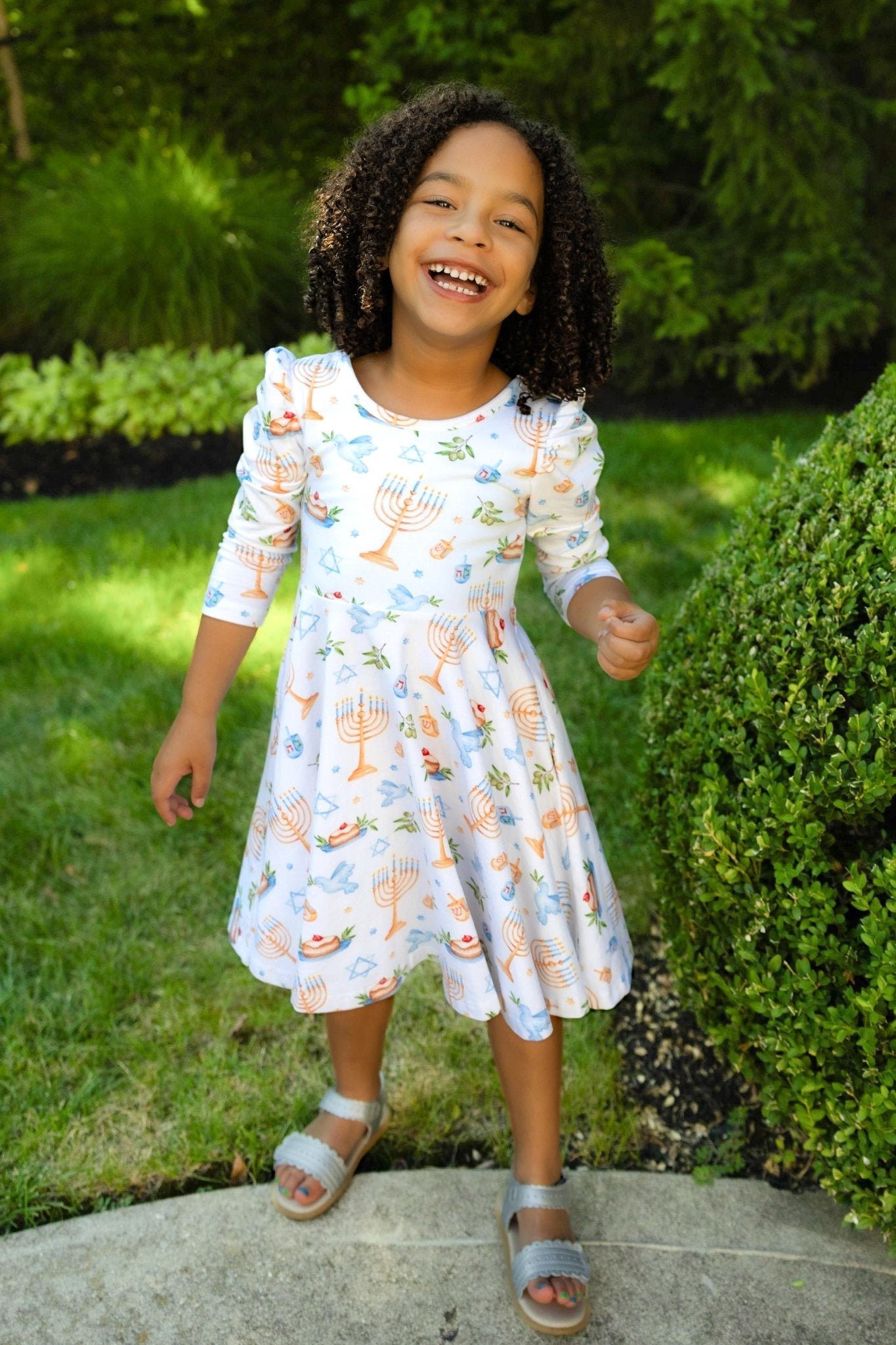 Organic Cotton Happy Hanukkah 3/4 Sleeve Twirl Dress