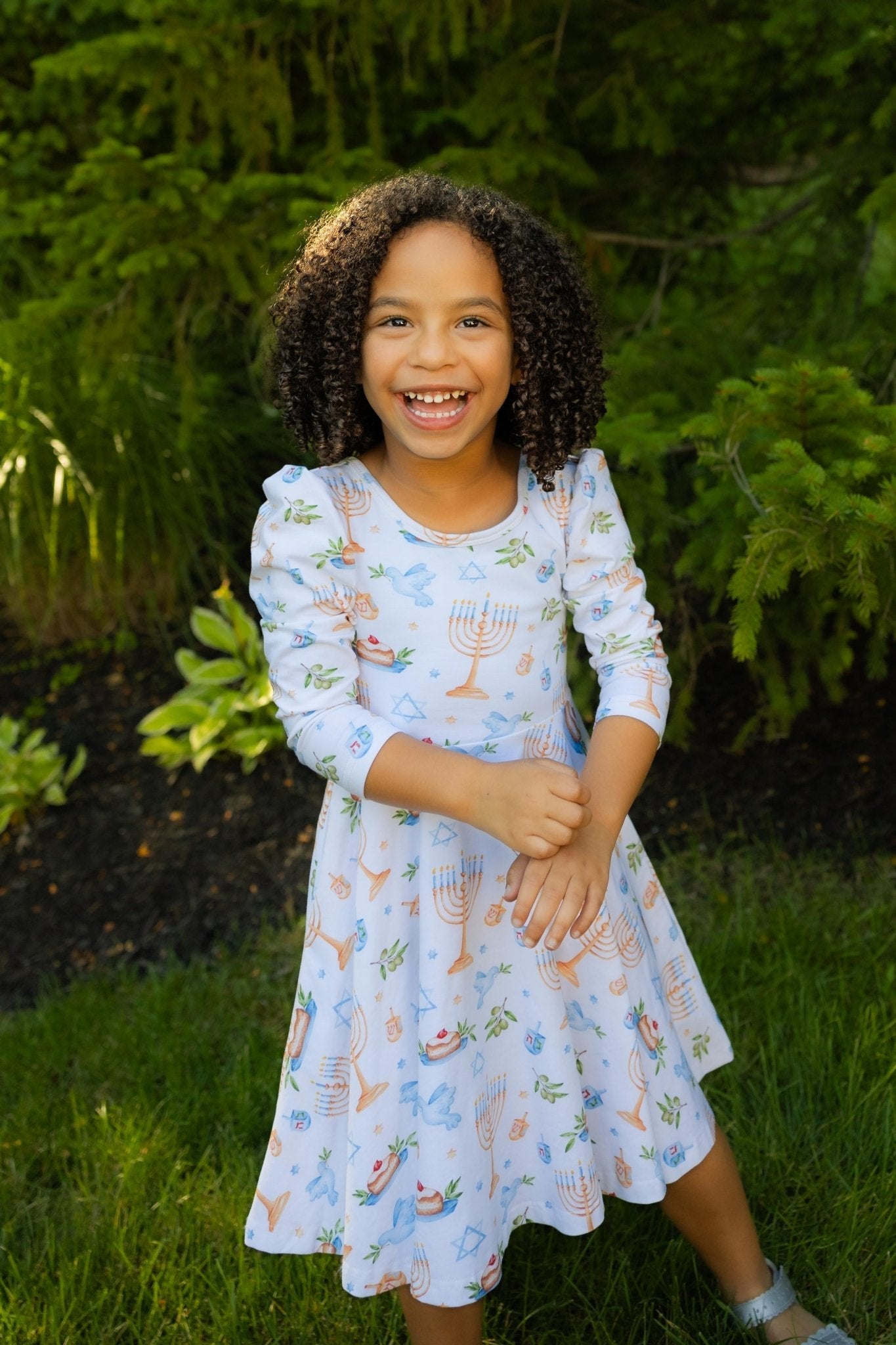 Organic Cotton Happy Hanukkah 3/4 Sleeve Twirl Dress