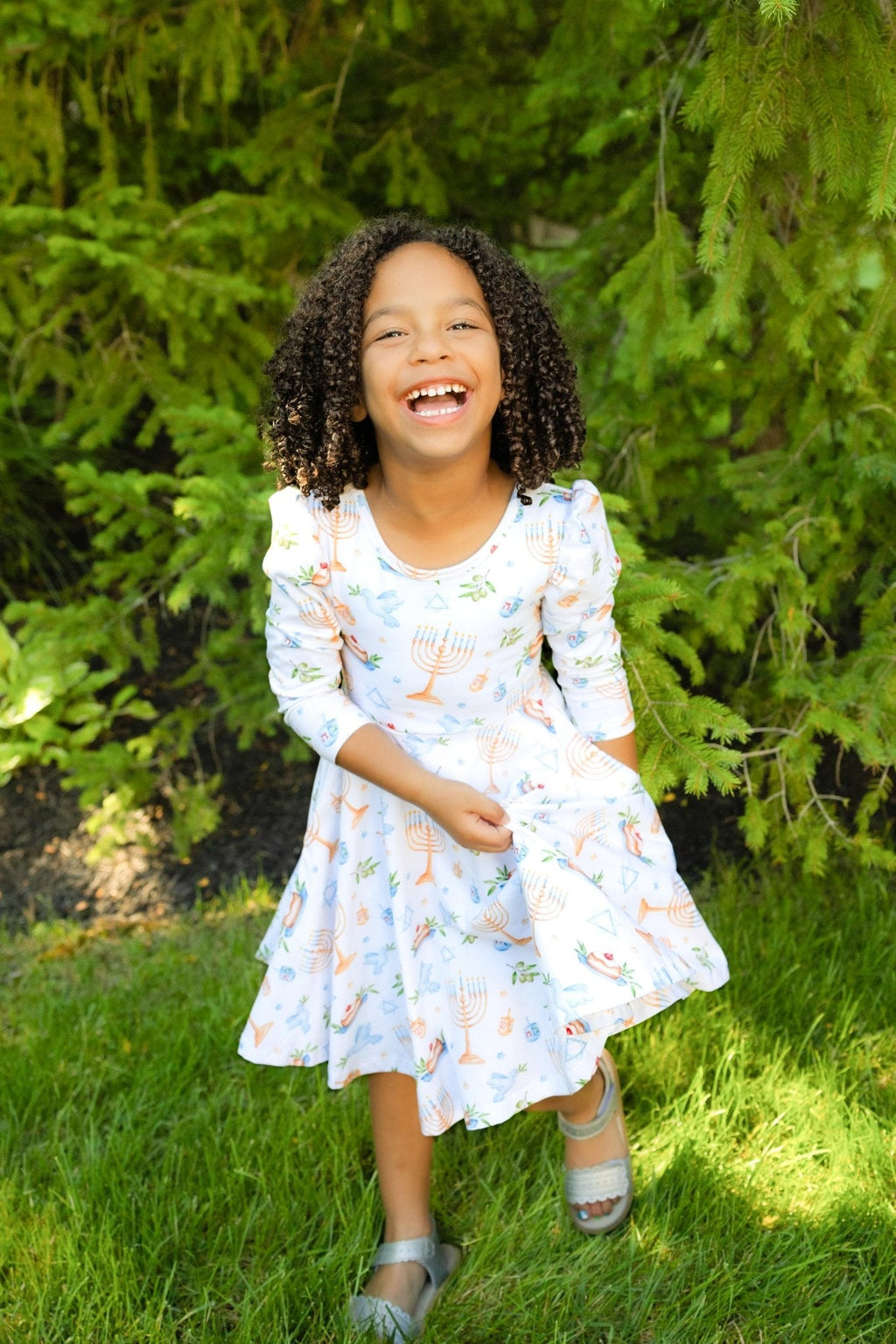 Organic Cotton Happy Hanukkah 3/4 Sleeve Twirl Dress