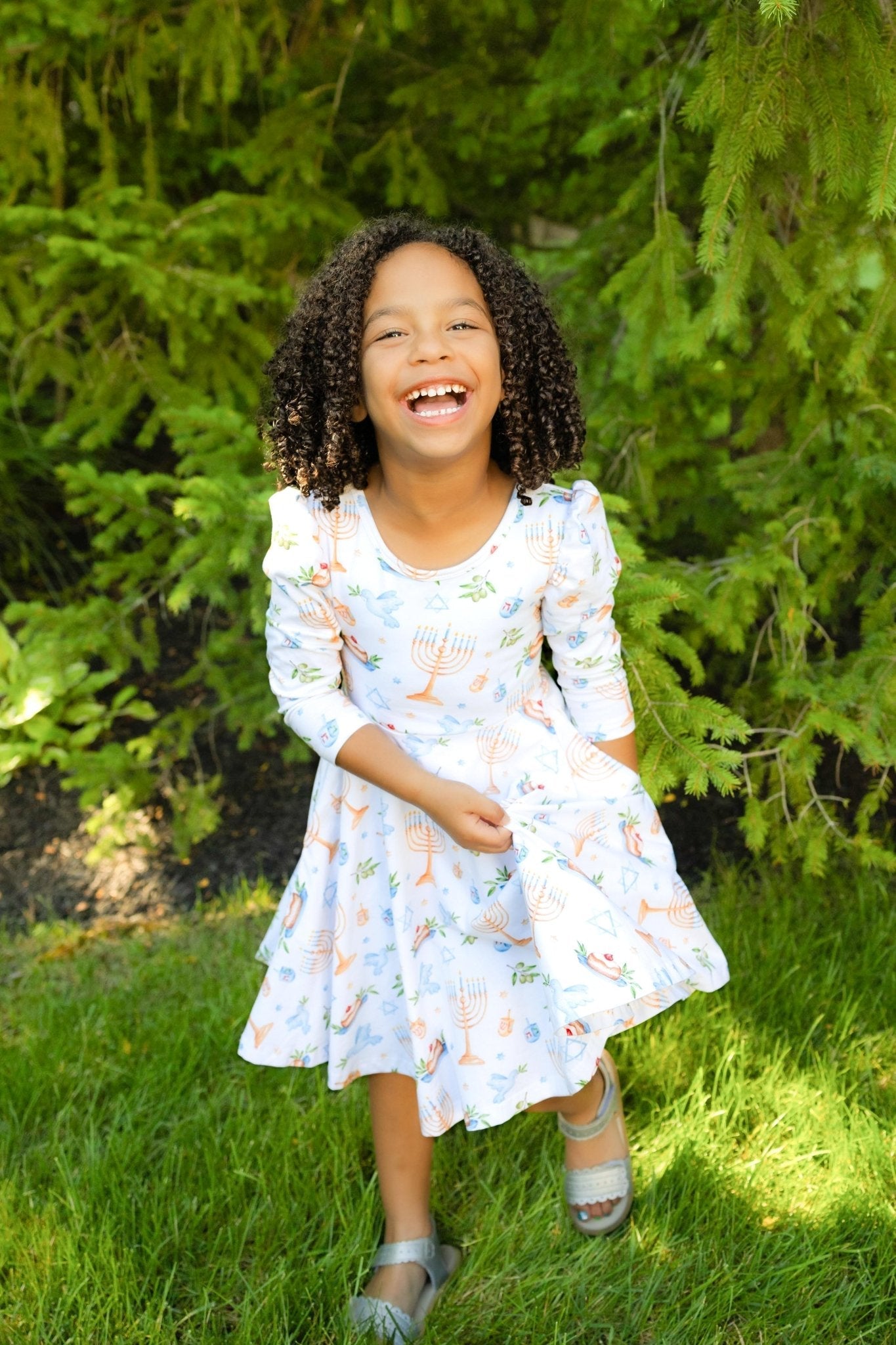 Organic Cotton Happy Hanukkah 3/4 Sleeve Twirl Dress