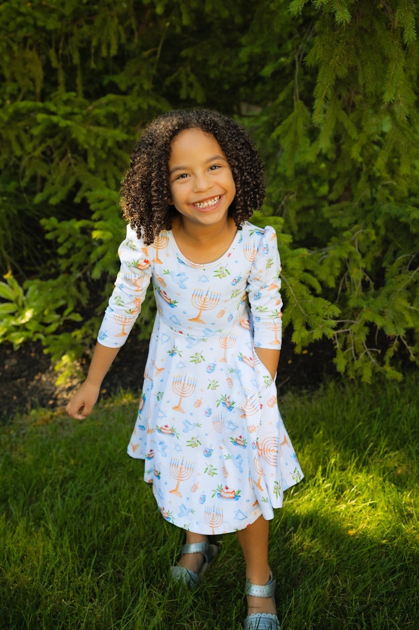 Organic Cotton Happy Hanukkah 3/4 Sleeve Twirl Dress