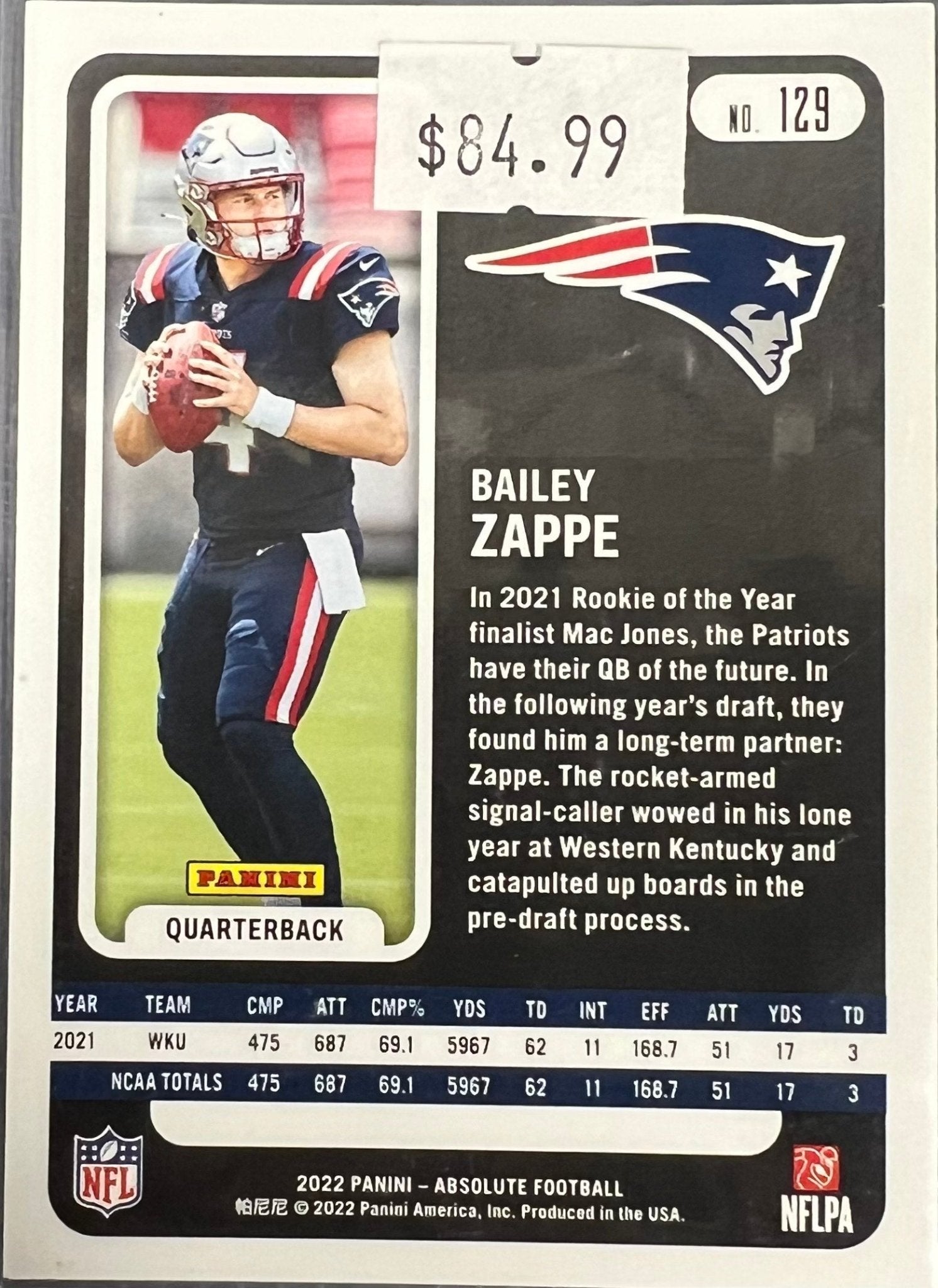 Bailey Zappe - 2022 Panini Absolute Gold Stars - #129