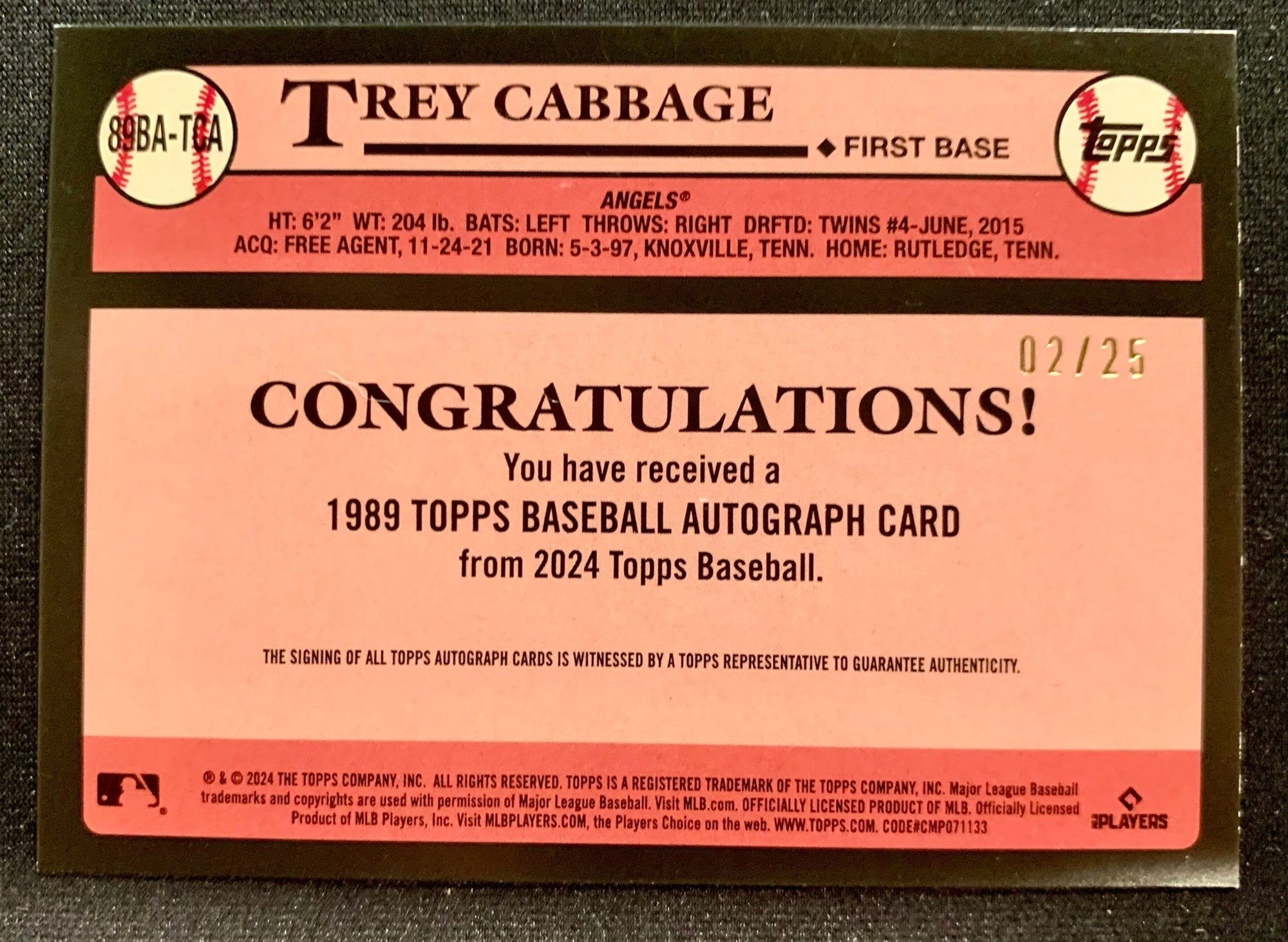 Trey Cabbage - 2024 Topps Series 1 1989 Autograph Red - #89BA-TCA