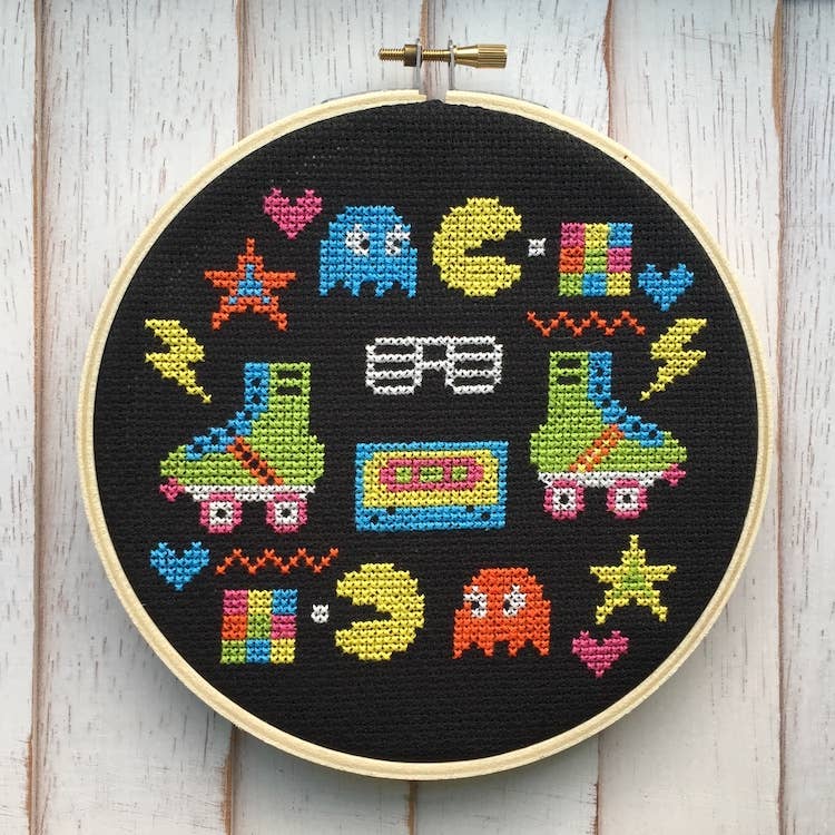 1980s Collage Cross Stitch Kit – Pac-Man, Skates & Retro Icons