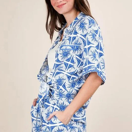 VERY J Full Size Tropical Printed Shirt Top and Shorts Set Plus Size