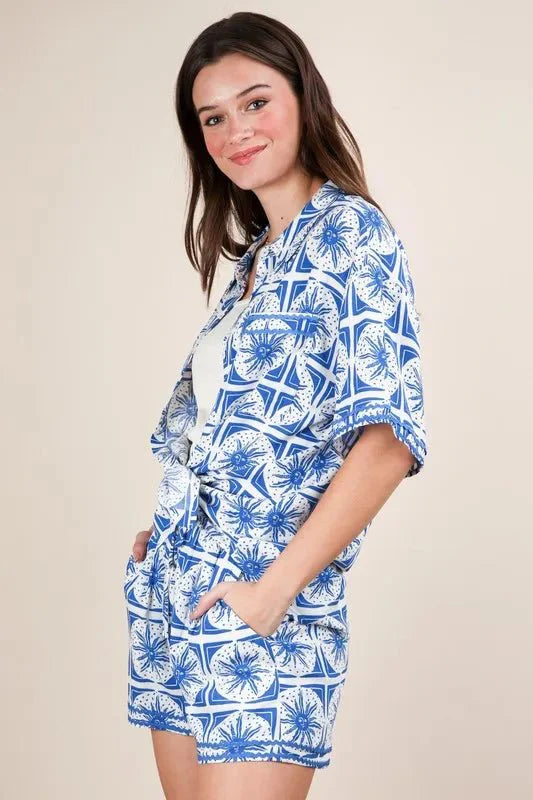 VERY J Full Size Tropical Printed Shirt Top and Shorts Set Plus Size