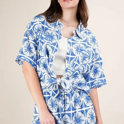 VERY J Full Size Tropical Printed Shirt Top and Shorts Set Plus Size