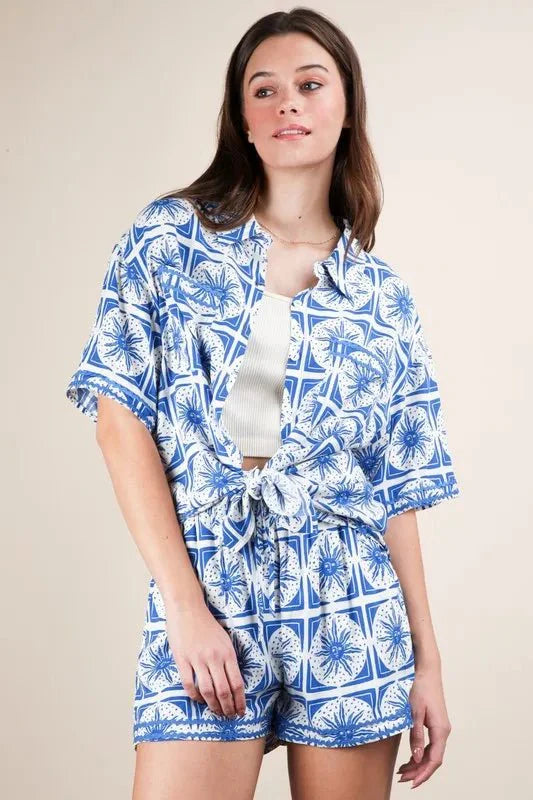 VERY J Full Size Tropical Printed Shirt Top and Shorts Set Plus Size