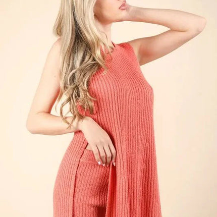 VERY J Slit Round Neck Top and Shorts Sweater Set