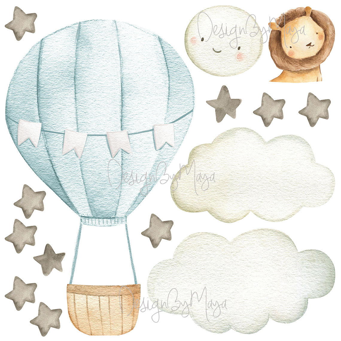 Baby animal inside Hot Air Balloon - Fabric Nursery Wall Art Decals