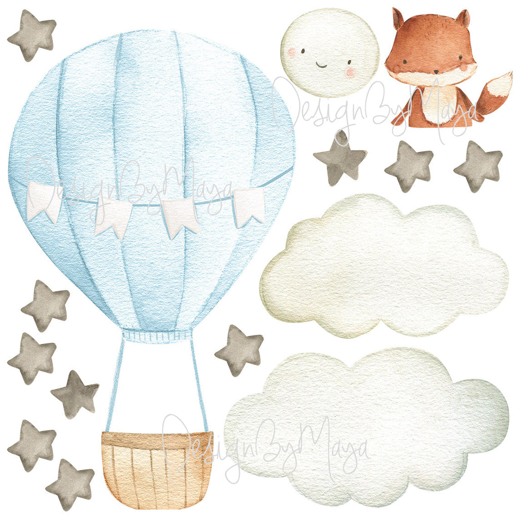Baby animal inside Hot Air Balloon - Fabric Nursery Wall Art Decals