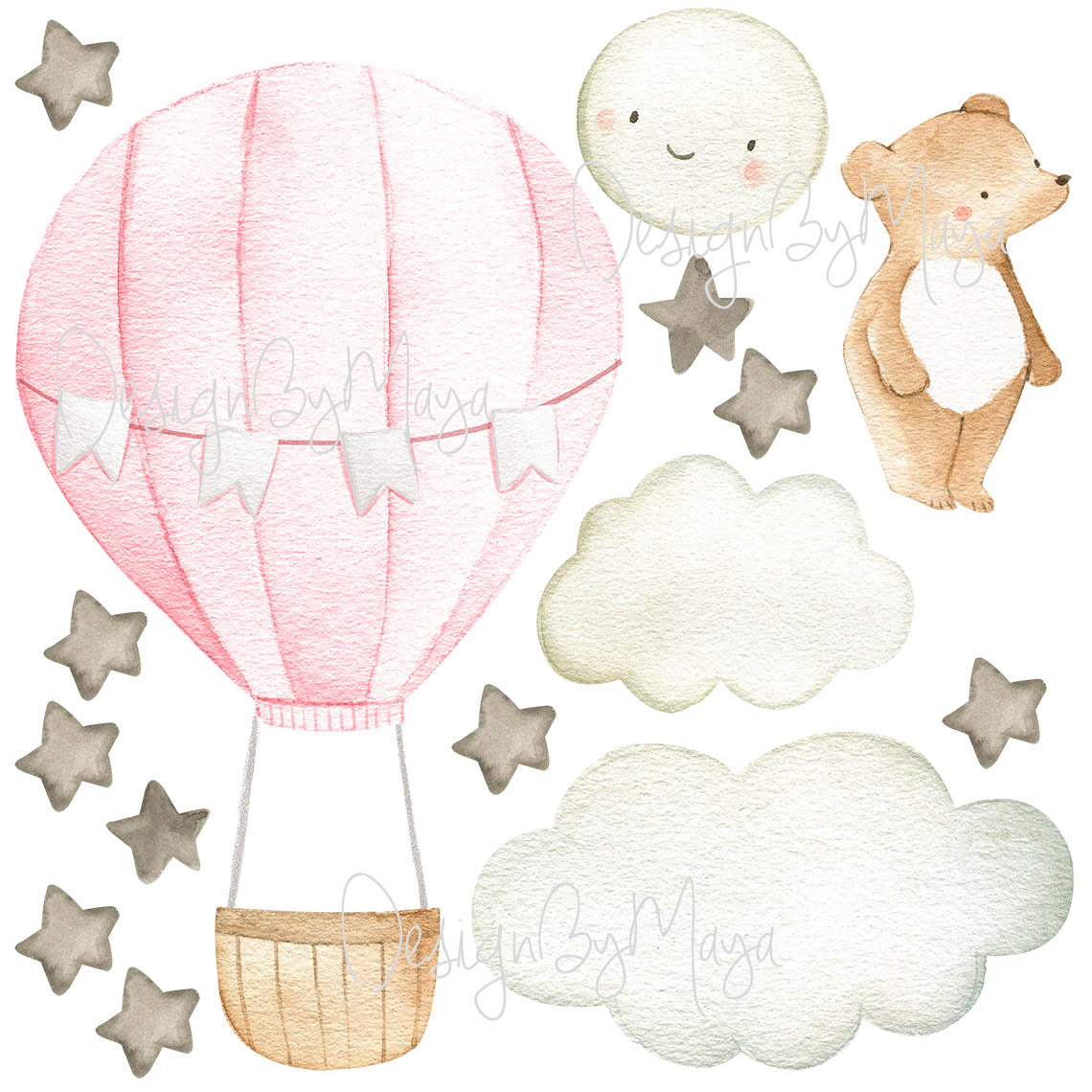 Baby animal inside Hot Air Balloon - Fabric Nursery Wall Art Decals